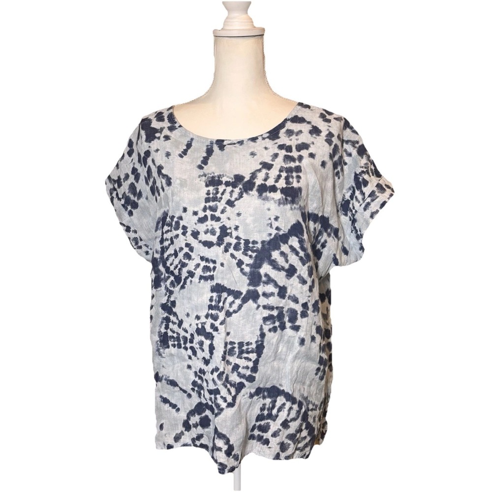 Bellambia Italy 100% Linen Top Lagenlook Short Sleeve Blue Tie Dye‎ Shirt